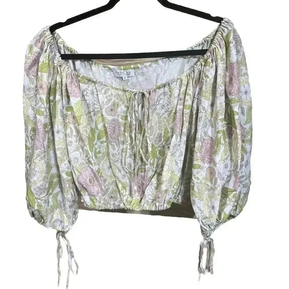 NWT Rachel Zoe Size Small Off the Shoulder Floral Crop Top Linen Blend Boho S